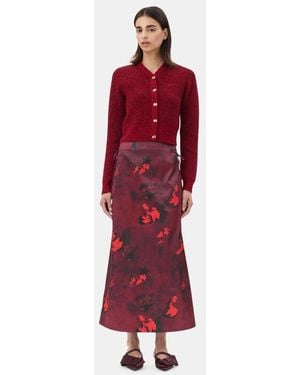 Ganni Printed Satin Maxi Skirt - Red