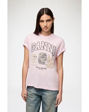 Ganni T-Shirt With Animals - Pink