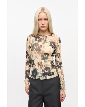 Ganni Printed Marl Mesh Long Sleeve Top - Natural