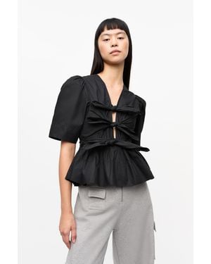 Ganni Stretch Cotton Tie Strap Blouse - Black