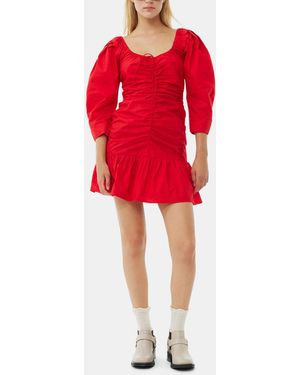 Ganni Cotton Poplin Gathered U-Neck Mini Dress