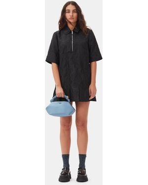 ganni fluffy denim mini dress GANNI Mid Blue Stone Tapestry Denim Mini Dress Mid Blue / 38