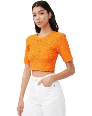 Ganni Short Sleeve Orange Cotton Poplin Cropped Smock Top - White