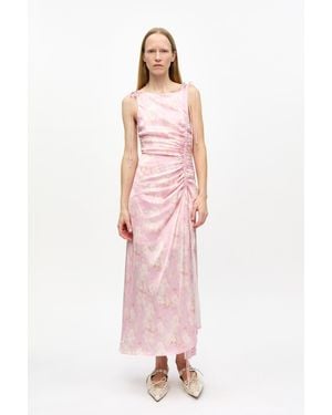 Ganni Printed Satin Gathered Dress - Pink