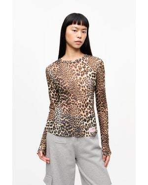 Ganni Leopard Printed Mesh Long Sleeve Blouse Polyester - Multicolor