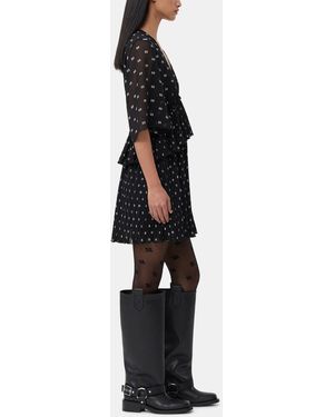 Ganni Pleated Georgette V-Neck Flounce Mini Dress - Black