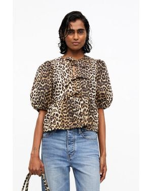 Ganni Leopard Cotton Poplin Peplum Tie Blouse - Multicolor