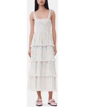 Ganni Floral Printed Pleated Georgette Strap Smock Midi Dress - White