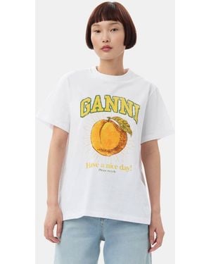 Ganni Peach Print Organic Cotton T-Shirt - White