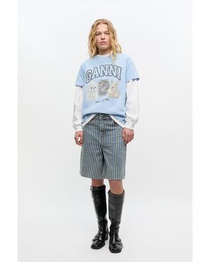 Ganni Striped Denim Shorts - Blue