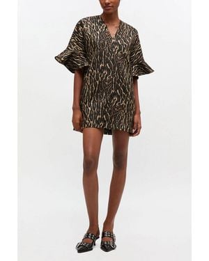 Ganni Metallic Cloque Mini Ruffle Dress - Brown