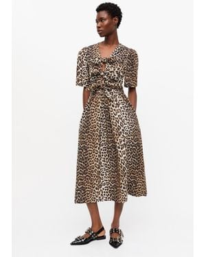 Ganni Leopard Printed Cotton Tie Strap Midi Dress - Natural