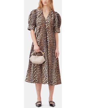 Ganni Leopard Cotton Poplin V-Neck Maxi Dress - Brown