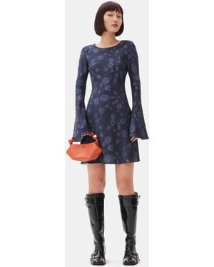 Ganni Dark Floral Printed Mini Dress - Blue