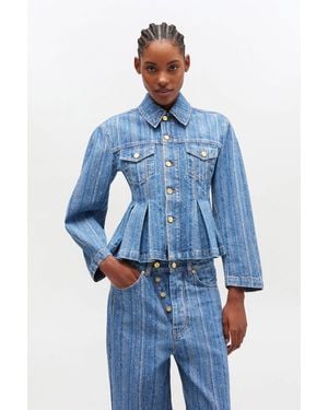 Ganni Striped Denim Pleated Jacket - Blue