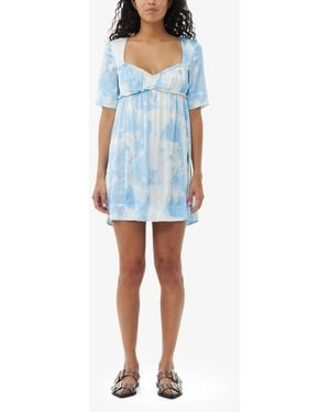 Ganni Printed Satin Short Sleeve Mini Dress - Blue