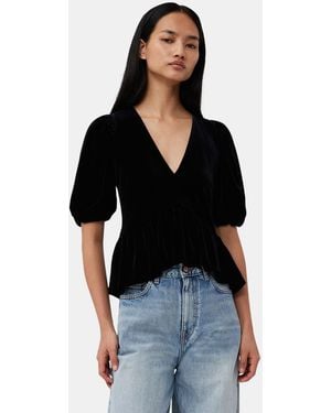Ganni Velvet Jersey V-Neck Blouse - Black