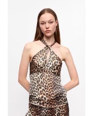 Ganni Leopard Print Satin Top Spandex/Viscose - Multicolor