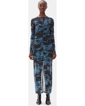 Ganni Printed Mesh O-Neck Ruched Long Dress - Blue