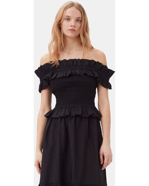 Ganni Cotton Poplin Off-shoulder Smock Top - Blue