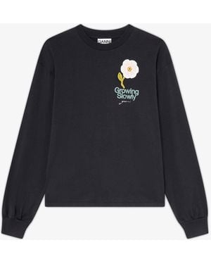 Ganni Long-Sleeve T-Shirt With Crochet Flower - Blue