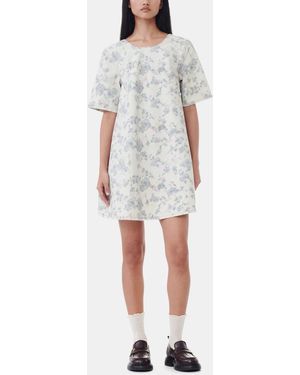 Ganni Floral Printed Denim Open Back Mini Dress - Grey