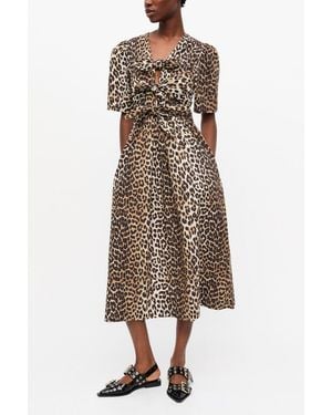 Ganni Leopard Printed Cotton Tie Strap Midi Dress - Natural