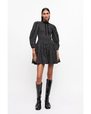 Ganni Printed Mini Smock Dress Organic Cotton - Black