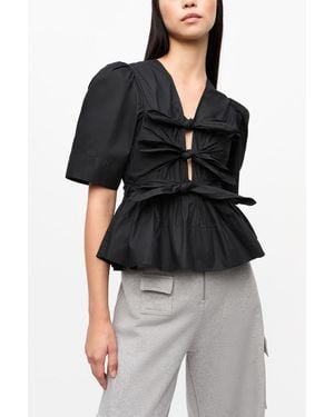 Ganni Stretch Cotton Tie Strap Blouse - Black