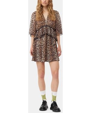 Ganni Leopard Pleated Georgette V-Neck Flounce Mini Dress - Multicolour
