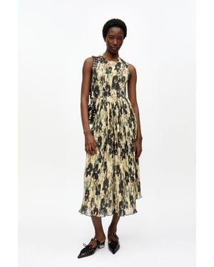 Ganni Printed Pleats Smock Midi Straps Dress - Metallic