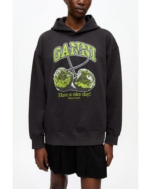 Ganni Isoli Cherries Oversized Hoodie Organic Cotton - Black