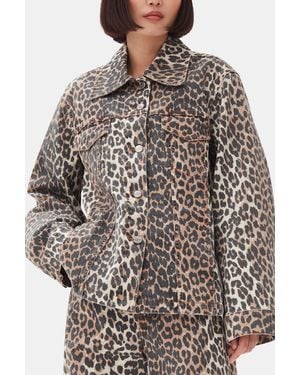 Ganni Leopard Denim Jacket - Brown