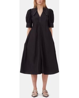 Ganni Cotton Poplin V-Neck Midi Dress - Black