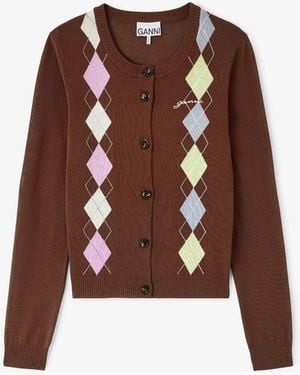 Ganni Cardigan À Losanges Coton Biologique - Marron