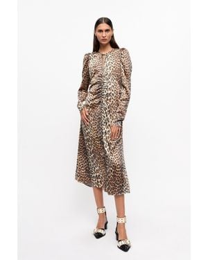 Ganni Leopard Print Satin Ruched Midi Dress Spandex/Viscose - Natural