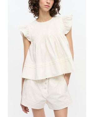 Ganni Stretch Cotton Frill Sleeve Top - White
