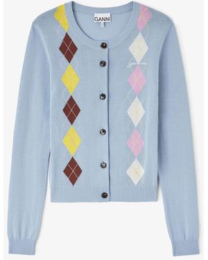 Ganni Cardigan À Losanges Coton Biologique - Bleu
