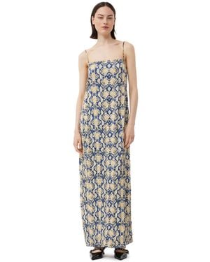 Ganni Snake Printed Crinkled Satin Midi Slip Dress - White
