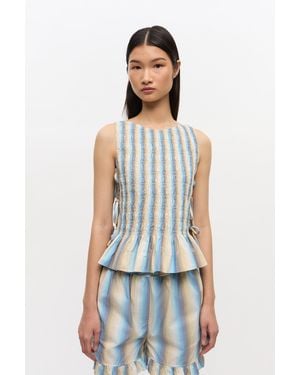 Ganni Seersucker Check Smock Tie String Top in Blue | Lyst