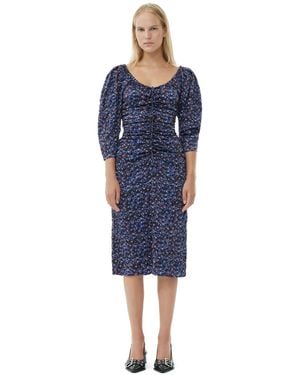 Ganni Floral Crinkled Satin U-Neck Midi Dress - Blue