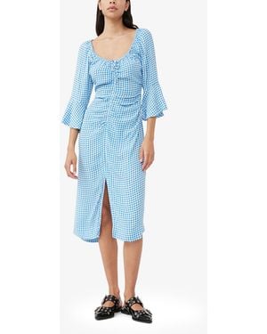 Ganni Printed Crepe Gathered U-Neck Midi Dress - Blue