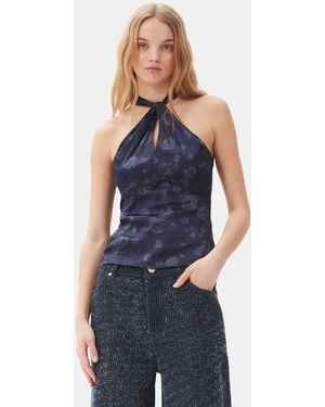 Ganni Dark Floral Printed Top - Blue