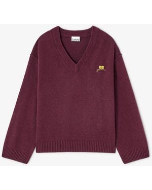 Ganni Wool Mix V-Neck Jumper - Red