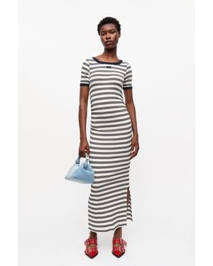 Ganni Striped Soft Cotton Rib Short Sleeve Dress - White