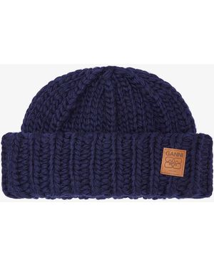 Ganni Dark Wool Handknit Beanie - Blue