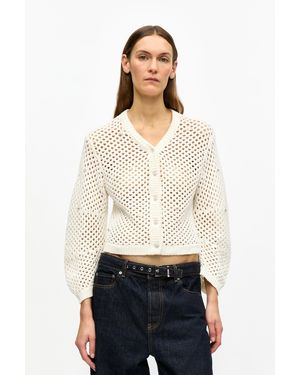 Ganni Ivory Rhinestone Cotton Pointelle Cardigan - White