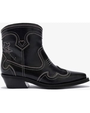 Ganni Low Shaft Embroidered Western Boots - Black