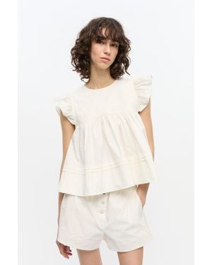 Ganni Stretch Cotton Frill Sleeve Top - White