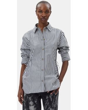 Ganni Stripe Cotton Oversized Tie String Shirt - Blue